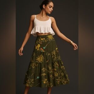 FARM Rio Medallion Print Tiered Midi Skirt in Olive Green